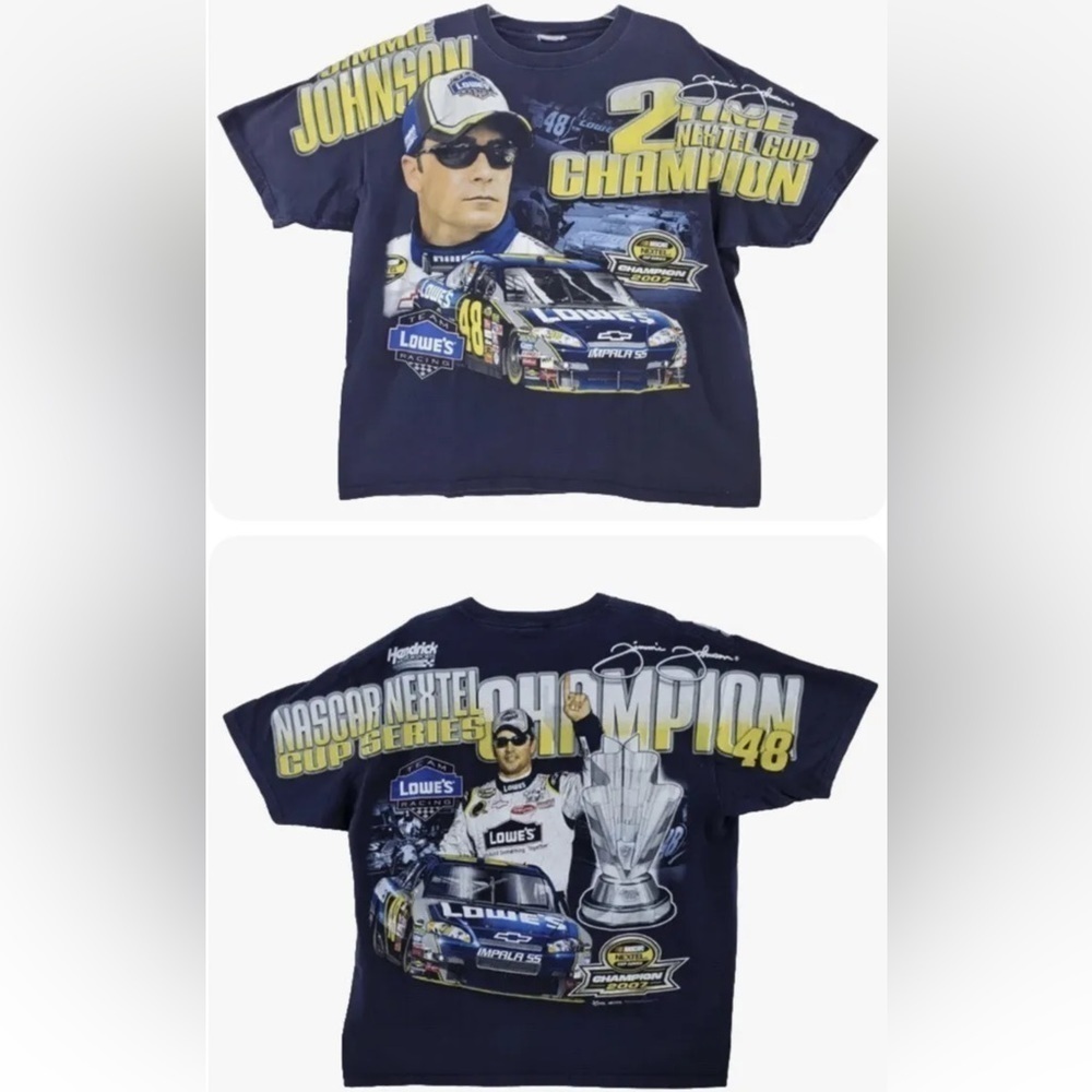 Vtg Jimmie Johnson TShirt Black Chase AOP 2007 Nextel Cup 2 Time Champion Men XL